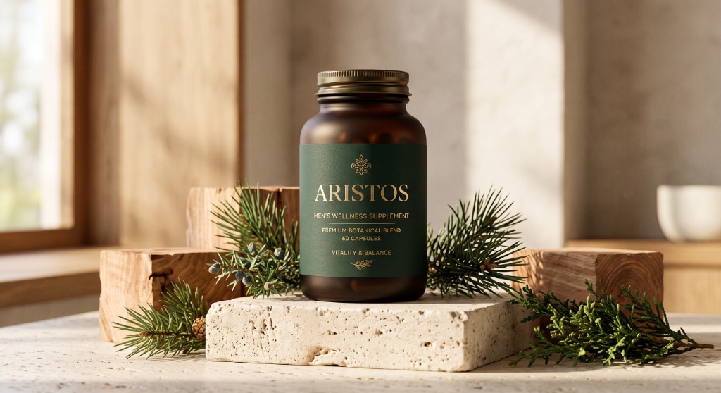 ARISTOS Men's Wellness Supplement - Confezione in vetro scuro premium con estratti botanici